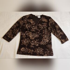 Paisley And Floral Embroidered 3/4 Sleeve Cross Bodice Top, Brown And‎ Gold, MP